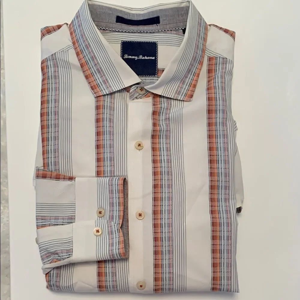 Tommy Bahama Silk Cotton Casual Button DownβShirt White Blue Dress Shirt Size XL